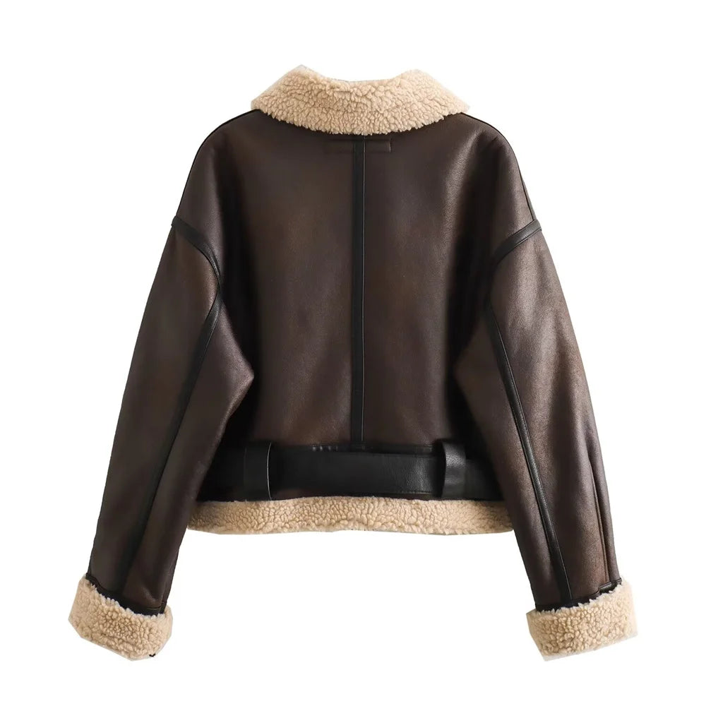 2024 Autumn Winter Womens Flip Collar Fur Pockets Jacket Coat