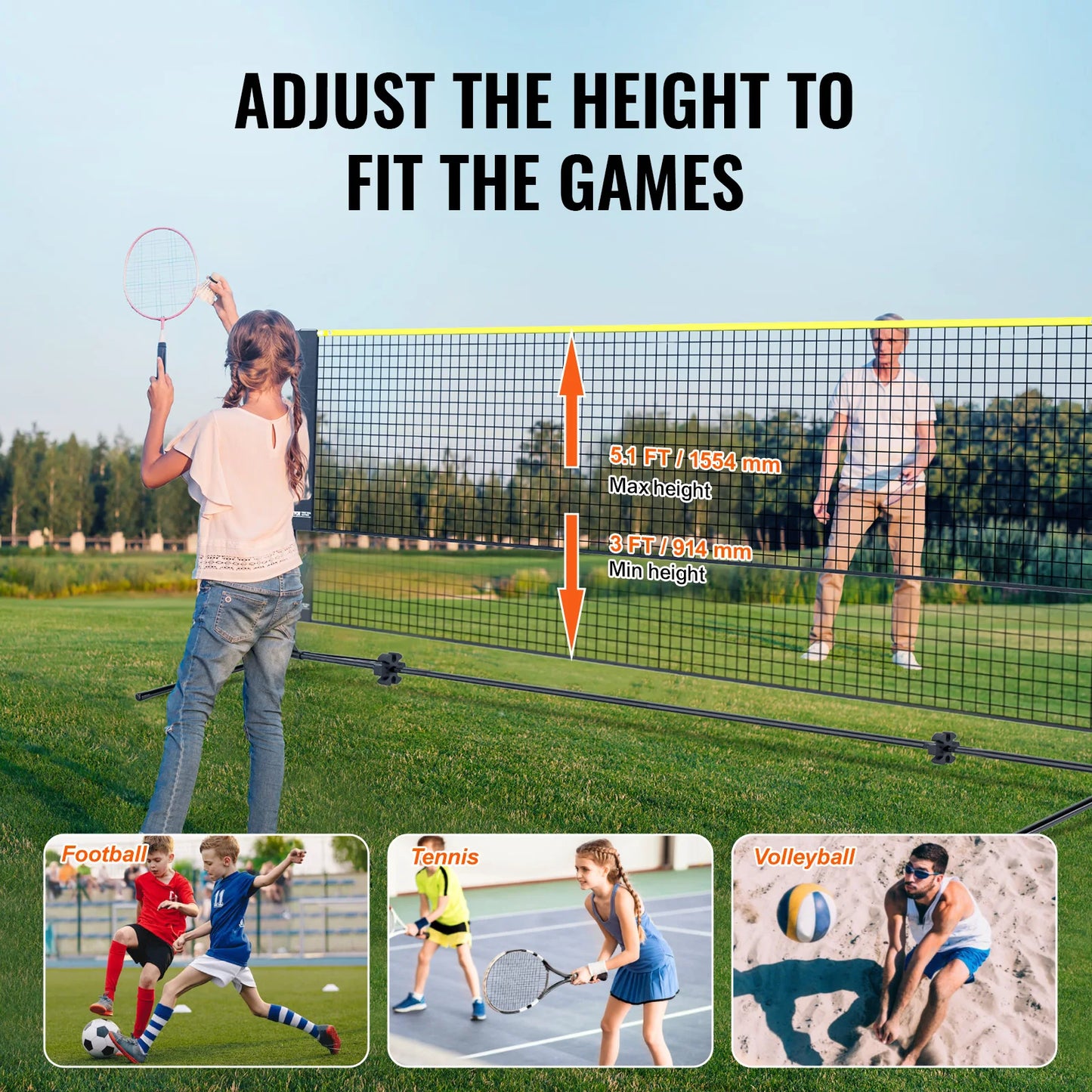 VEVOR 20FT Height Adjustable Portable Badminton Volleyball Pickleball Tennis Net Set with Poles