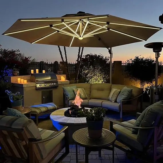 11Ft Solar Powered LED Cantilever Patio Umbrella Beige