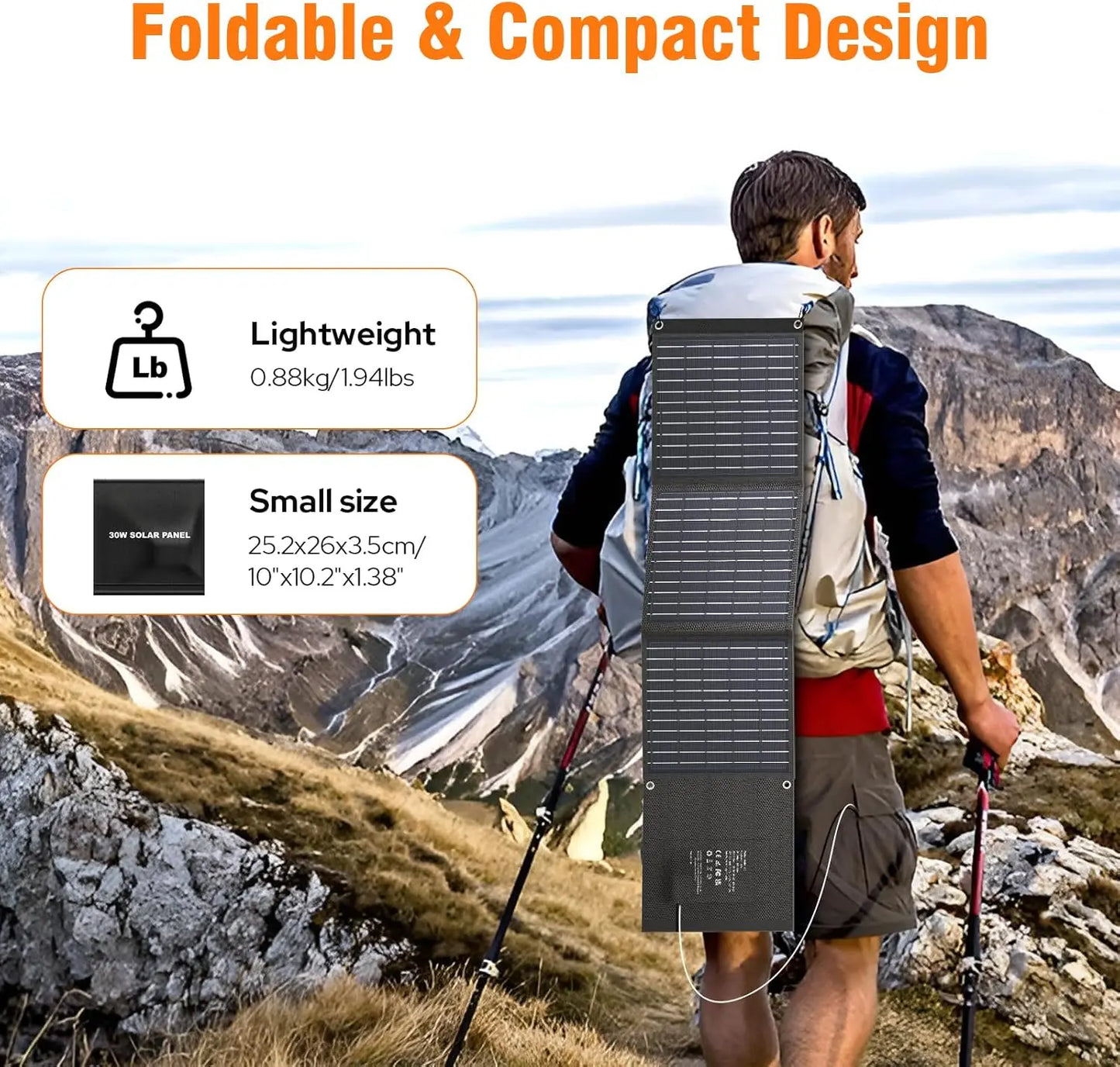 Foldable 30W USB Solar Panel Portable Waterproof Charger with QC3.0 USB-C Output for Outdoor Camping Hiking Cell Phone