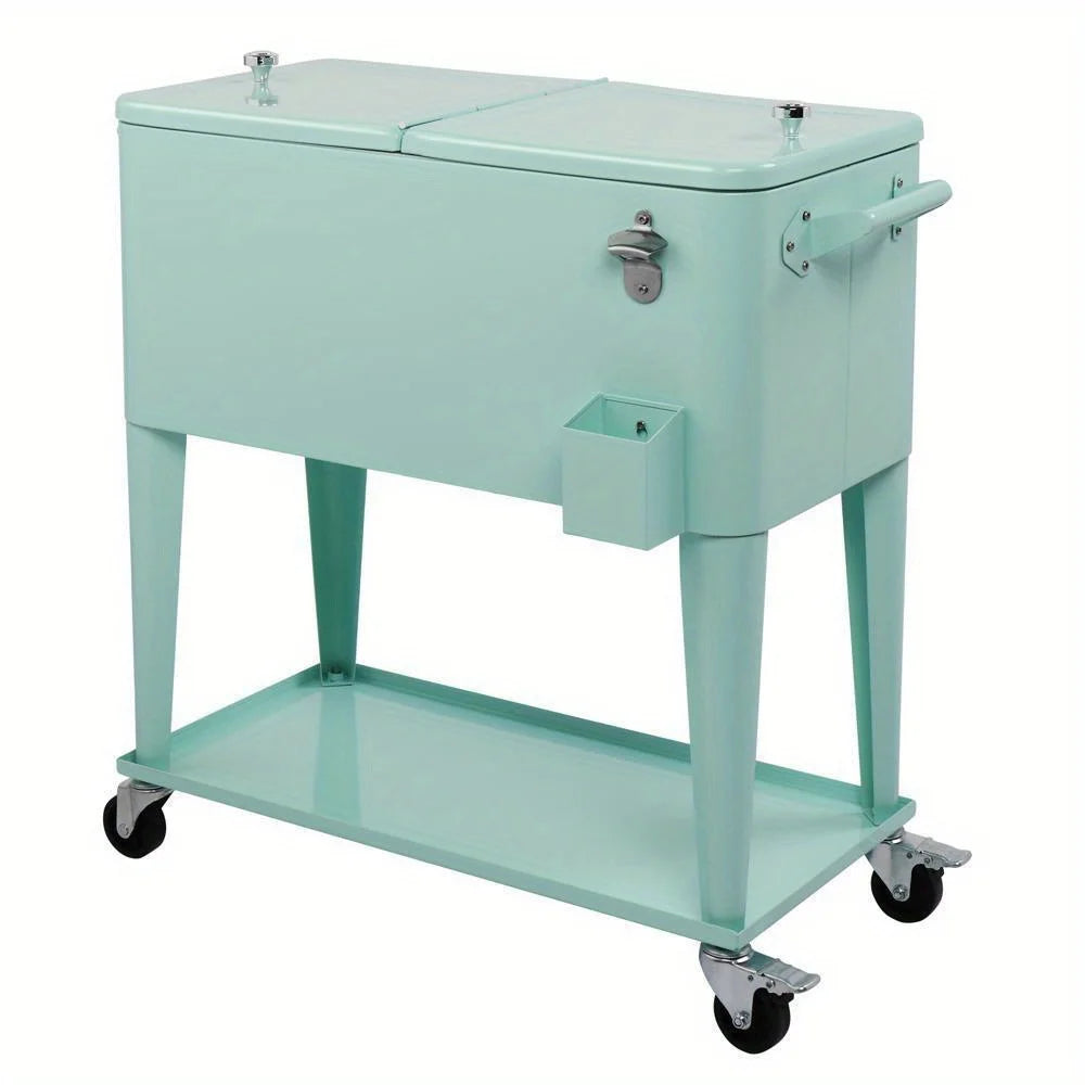 Portable Outdoor 80 Quart Rolling Patio Steel Party Cooler Cart Ice Chest Green
