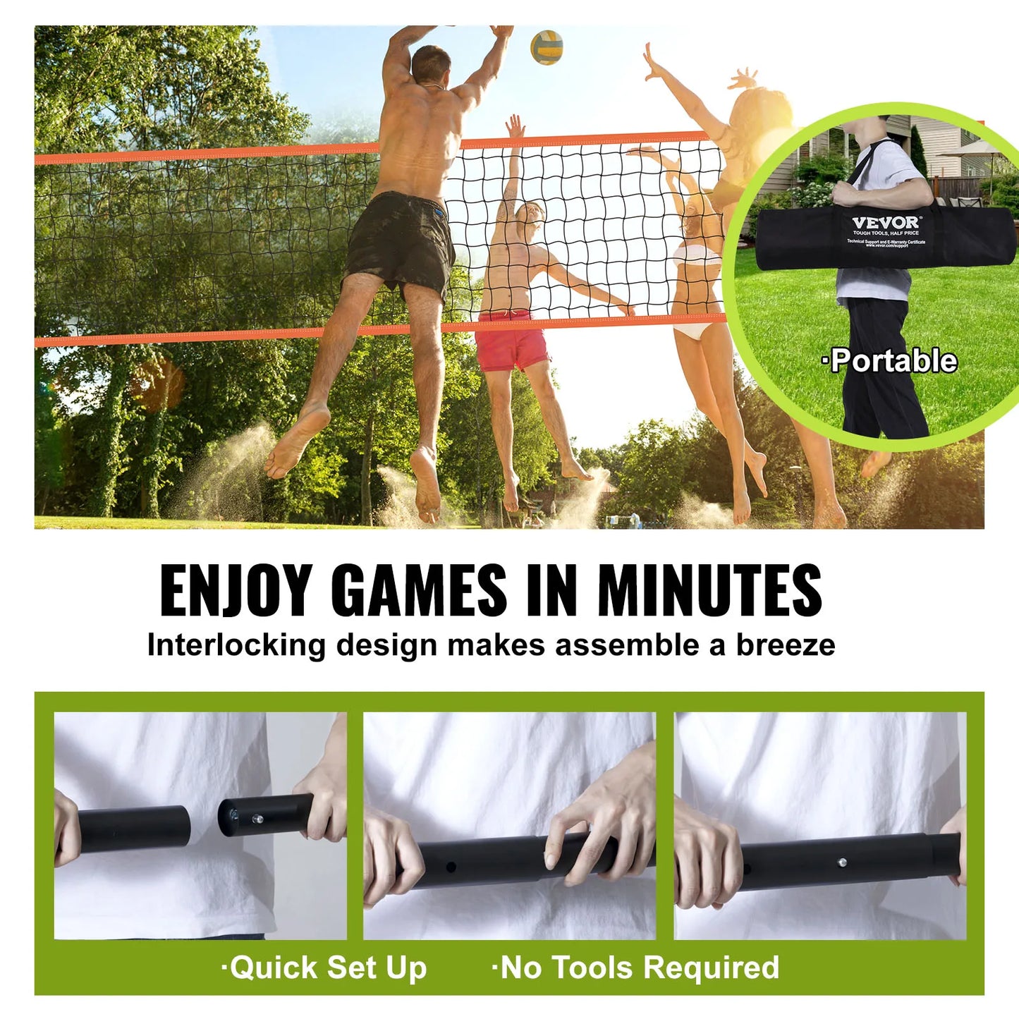 VEVOR 1.25 to 1.75 Inch Outdoor Portable Volleyball Net System Adjustable Height Aluminum Poles Volleyball Set with Pump and Carrying Bag
