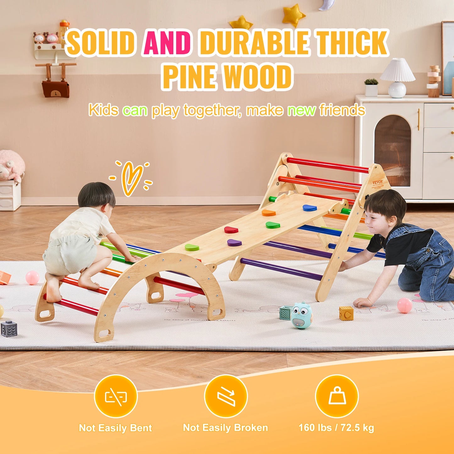 SucceBuy Pikler Triangle Set 5 in 1 Toddler Climbing Toys Indoor Playground for Ages 1 to 3 Large Wooden Climbing Set