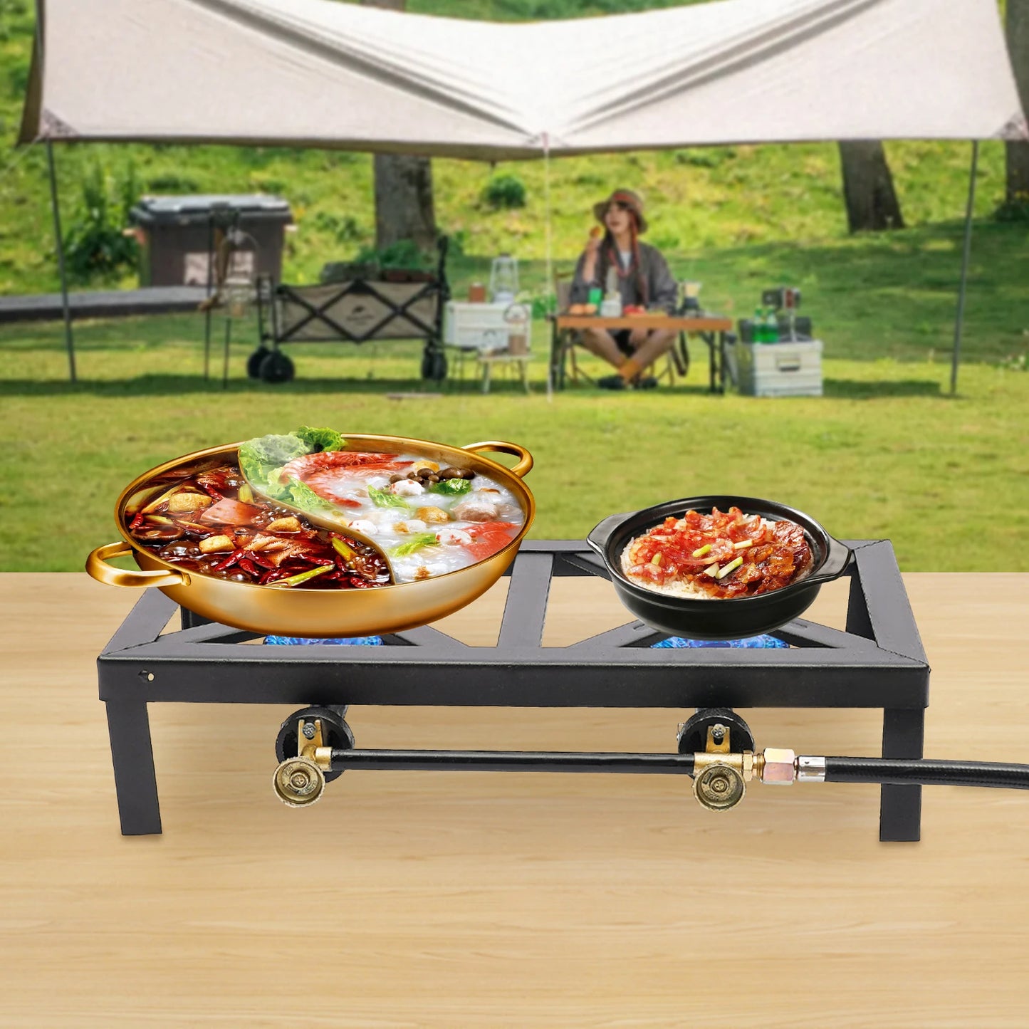 Portable Camping Gas Stove Double Burner Outdoor BBQ Propane Cooker with Adjustable Regulator and Hose