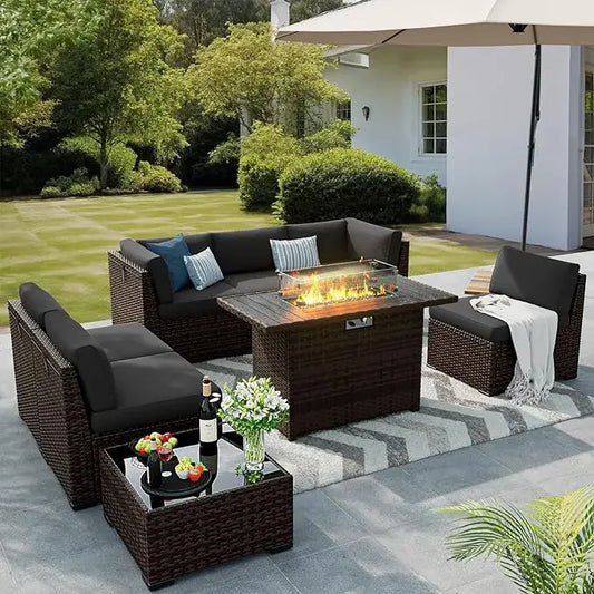 8 Pieces Outdoor Patio Furniture Set with 44 Inch Fire Pit Table Rattan Sectional Conversation Set with Gas Fire Pit