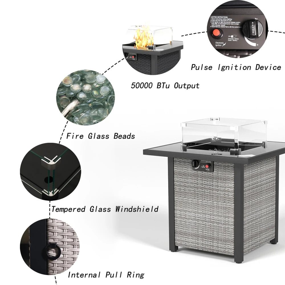 28 Inch Propane Fire Pit Table Rattan Wicker Look 50000 BTU Gas Firepits Tempered Glass Tabletop with Glass Windscreen
