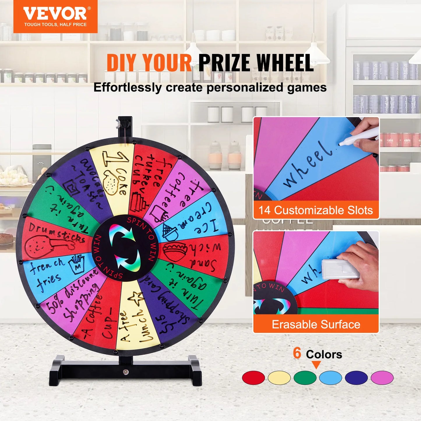 SucceBuy 18 Inch 24 Inch 36 Inch Spinning Prize Wheel 14 Slots Tabletop Floor Standing Spin Game for Parties Pubs