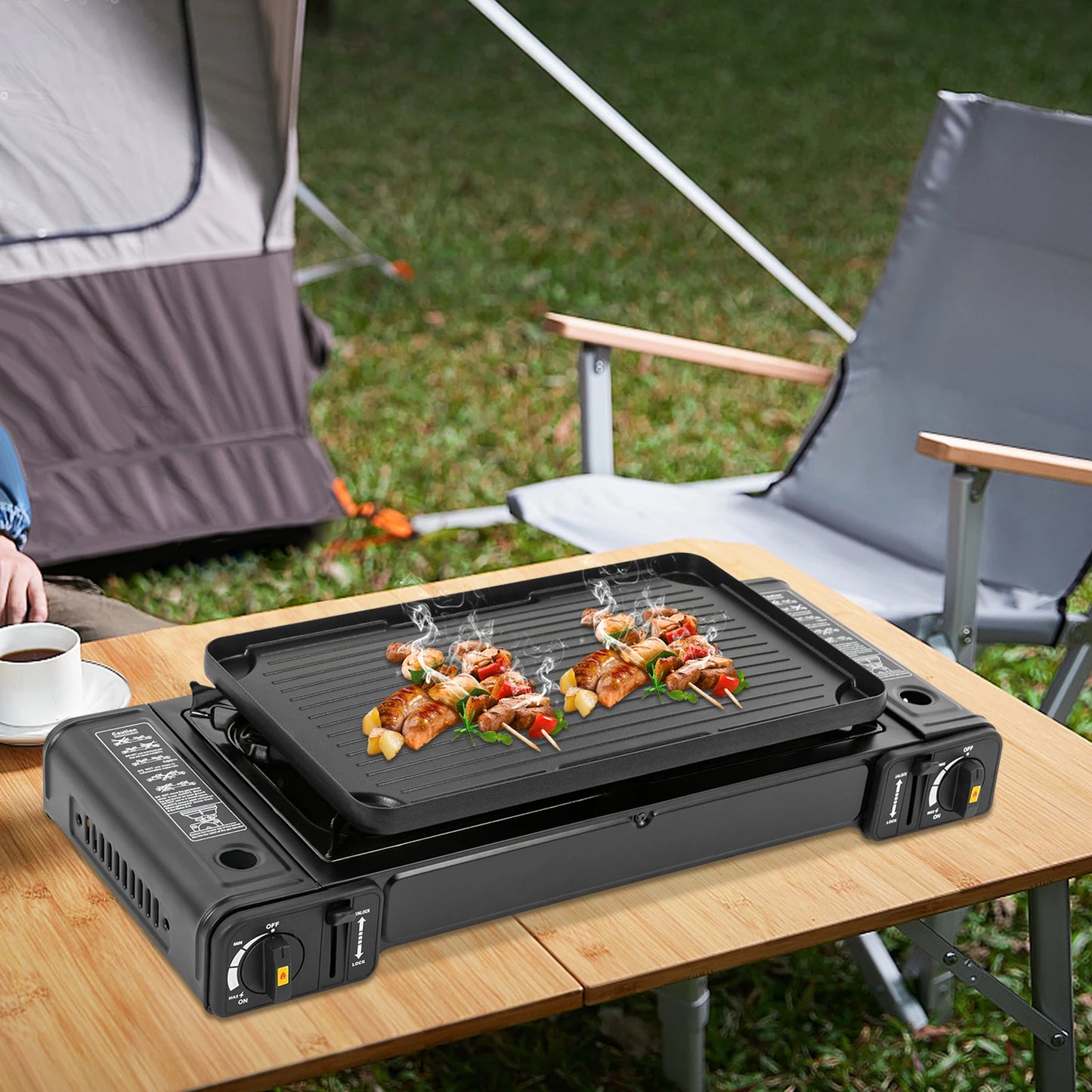 Double Head Barbecue Gas Stove With Baking Tray Portable
