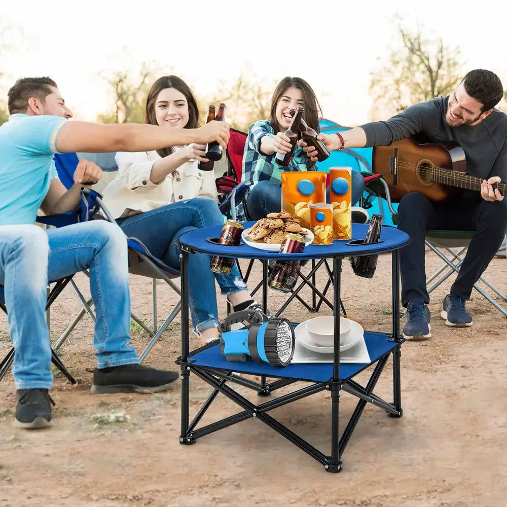 2-Tier Foldable Camping Table with Carrying Bag and 4 Cup Holders for BBQ and Outdoor Use