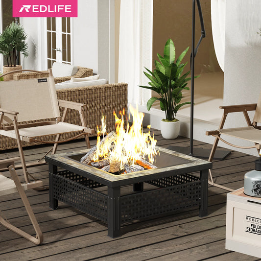 30 Inch Square Outdoor Fire Pit Fireplace Table with Mesh Lid and Fire Poker 3 in 1 Multipurpose Firepits for Yard Garden Patio