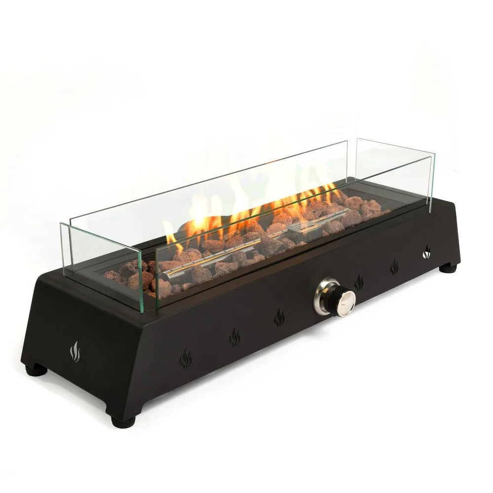 28 Inch Portable Tabletop Propane Fire Pit with Glass Wind Guard and Lava Rock Outdoor Steel Firepit