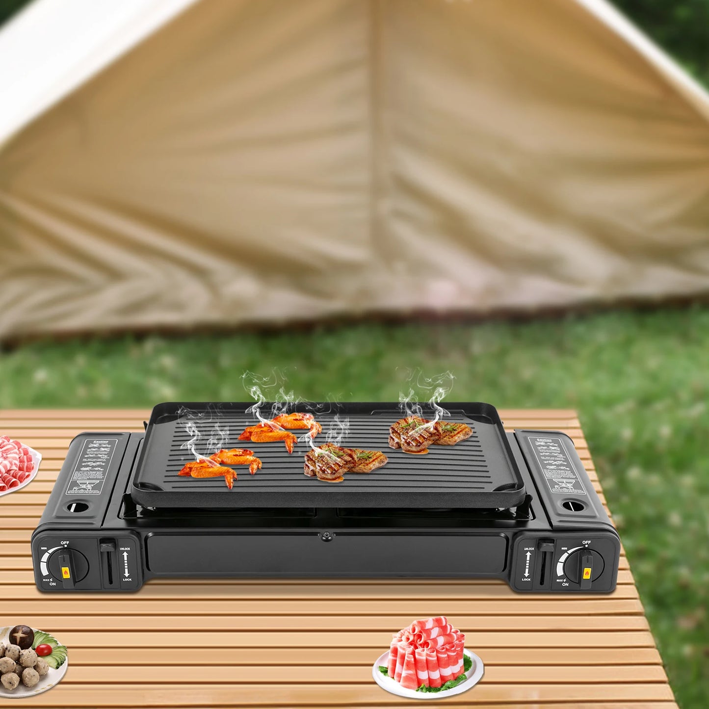 Double Head Barbecue Gas Stove With Baking Tray Portable