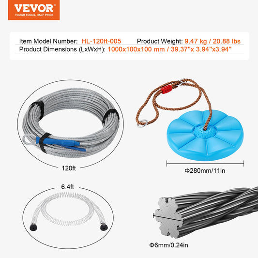 SucceBuy Zipline Kit 60 to 120 Feet Stainless Steel Safety Harness Seat Up to 500 Pounds Backyard Outdoor Playground Entertainment