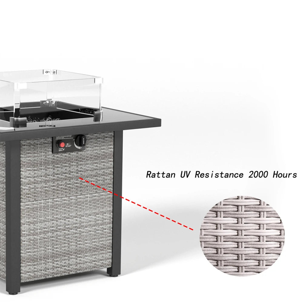 28 Inch Propane Fire Pit Table Rattan Wicker Look 50000 BTU Gas Firepits Tempered Glass Tabletop with Glass Windscreen