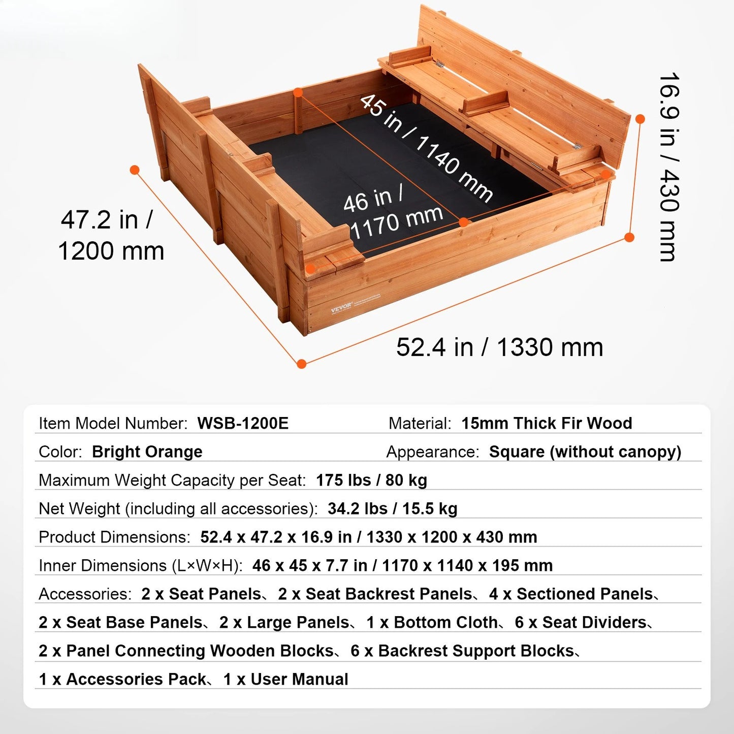 Wooden Sandbox 52.4 x 47.2 x 16.9 Inch Natural Wood Kids Sandbox Backyard Gift for Boys and Girls Ages 3 to 12