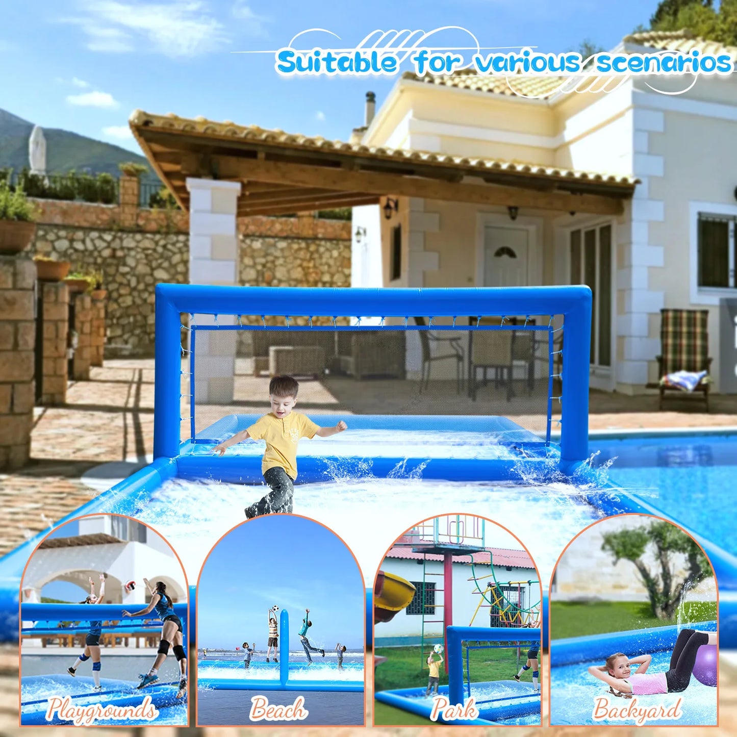 Inflatable Air-Inflated Family Fun Portable Outdoor Volleyball Court for Kids and Adults with 800W Air Blower 10x5x2.1m