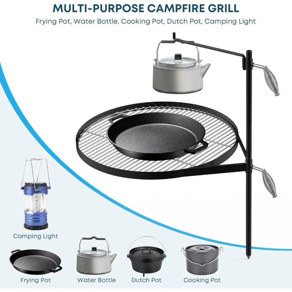 Fire Pit Campfire Grill Grate Stainless Steel Swing Cooking Stand Portable BBQ Barbecue Rack