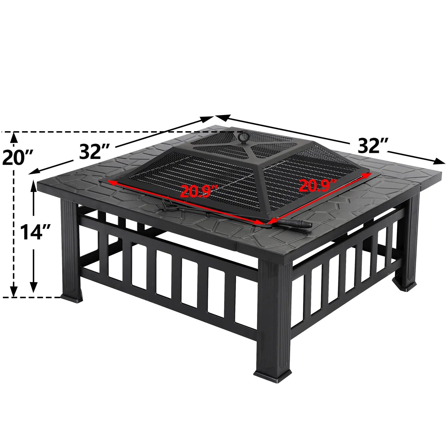 32 Inch Square Outdoor Fire Pit Metal Wood Burning Patio