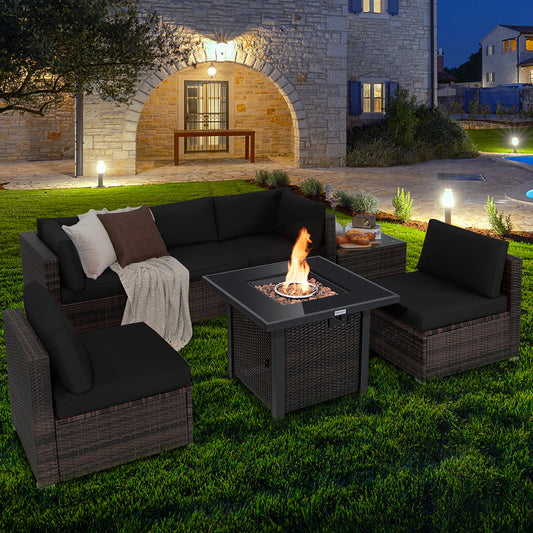 7 Piece Patio Rattan Furniture Set With Fire Pit Table Glass Top And Cushions Black