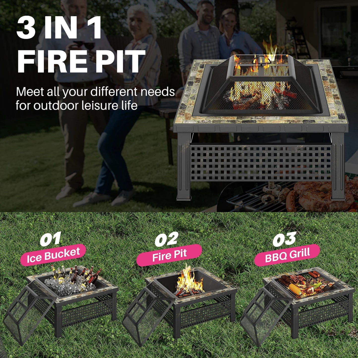 30 Inch Square Outdoor Fire Pit Fireplace Table with Mesh Lid and Fire Poker 3 in 1 Multipurpose Firepits for Yard Garden Patio