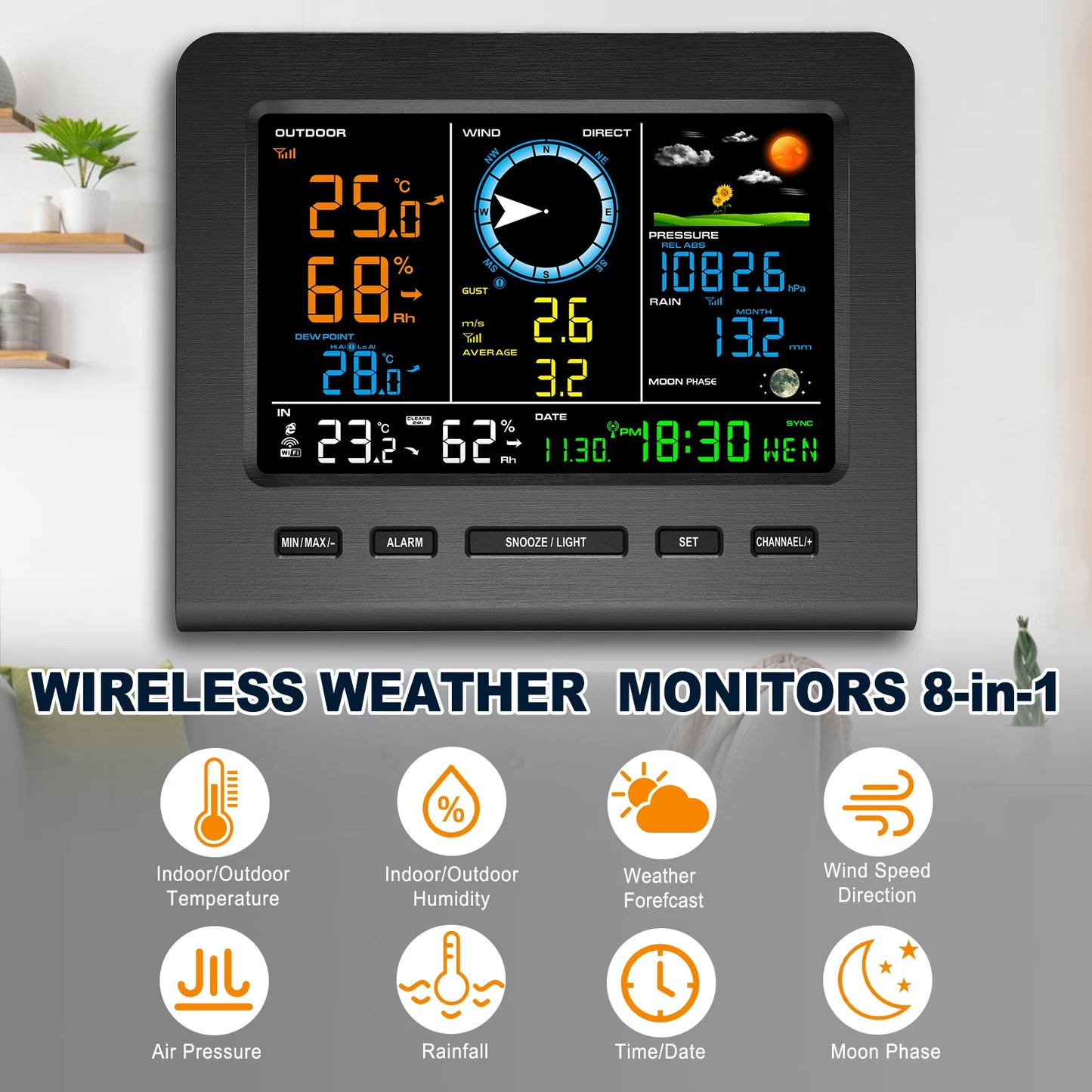 8 In 1 Wireless Weather Station With WiFi Sync Solar Sensor