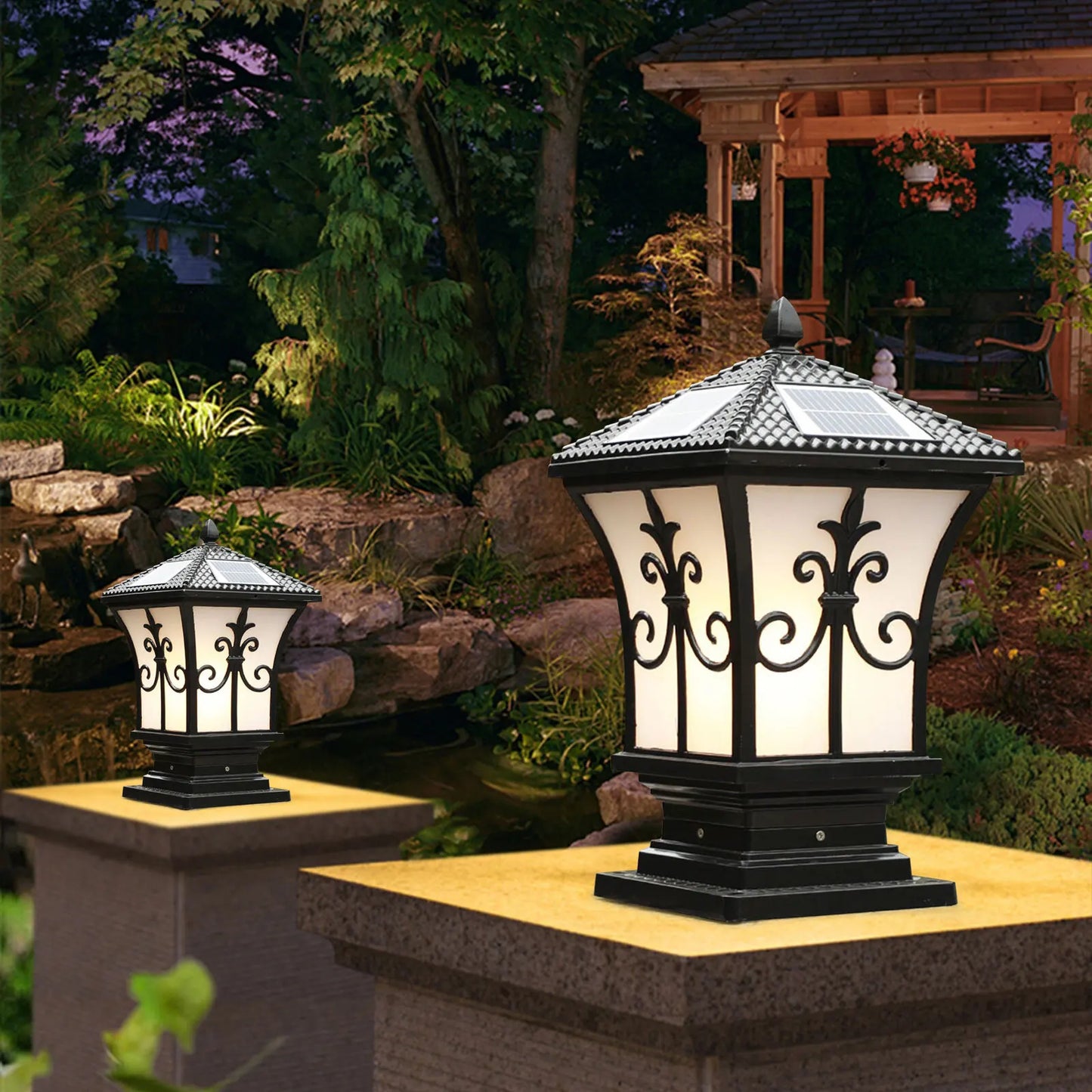 Solar LED Post Pillar Light Waterproof Black Garden