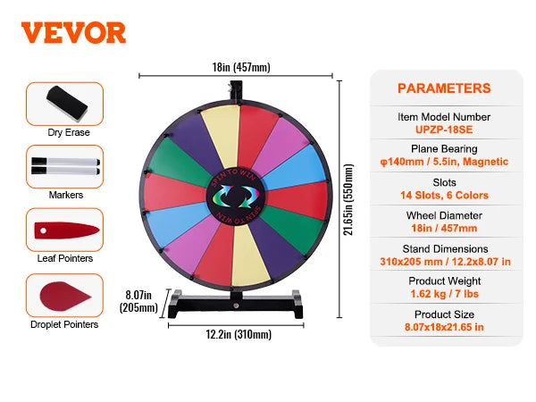 SucceBuy 18 Inch 24 Inch 36 Inch Spinning Prize Wheel 14 Slots Tabletop Floor Standing Spin Game for Parties Pubs