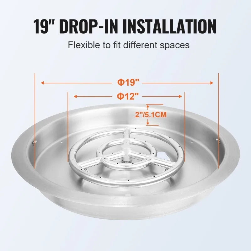 19 Inch Round Drop In Fire Pit Pan Stainless Steel Burner Natural Propane Gas 92000 BTU with Lid