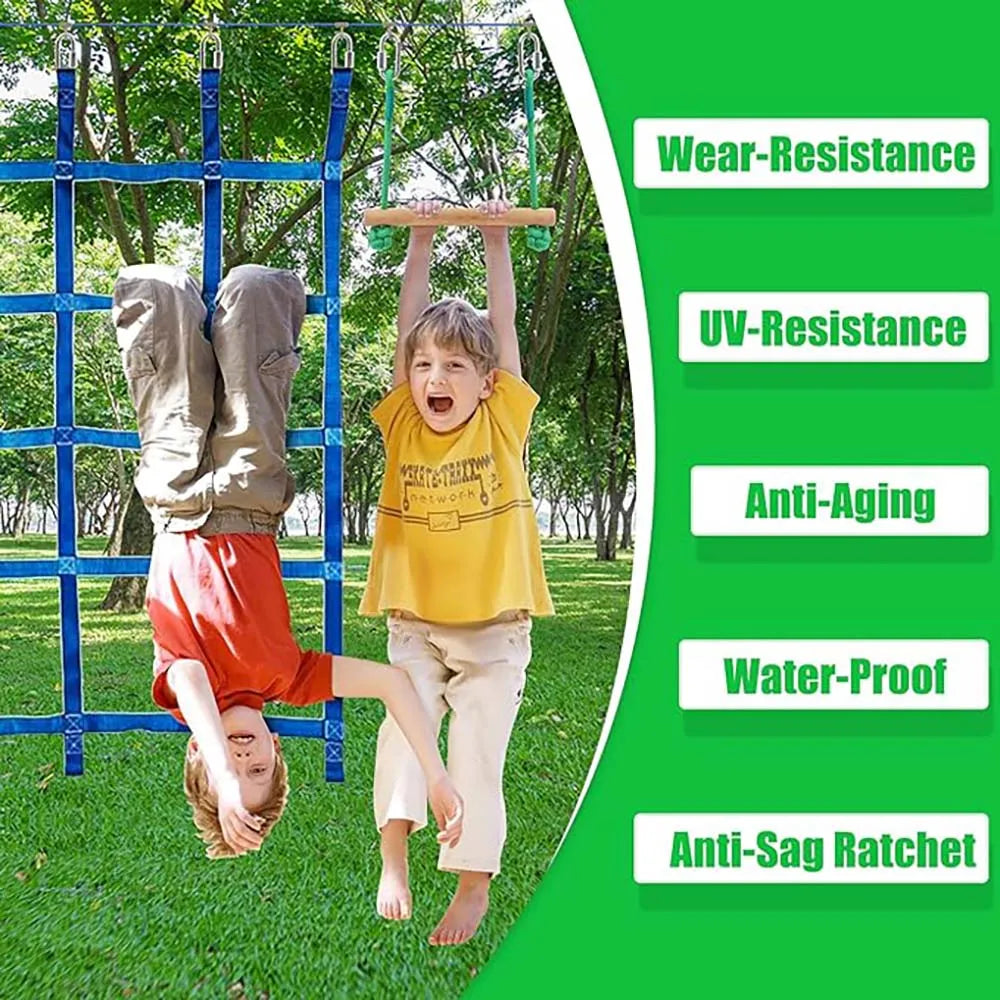 Warrior Obstacle Course For Kids And Adults 65FT Slackline With Tree Climbing Rock Holds Swing Seat Monkey Bars Ring Wheel