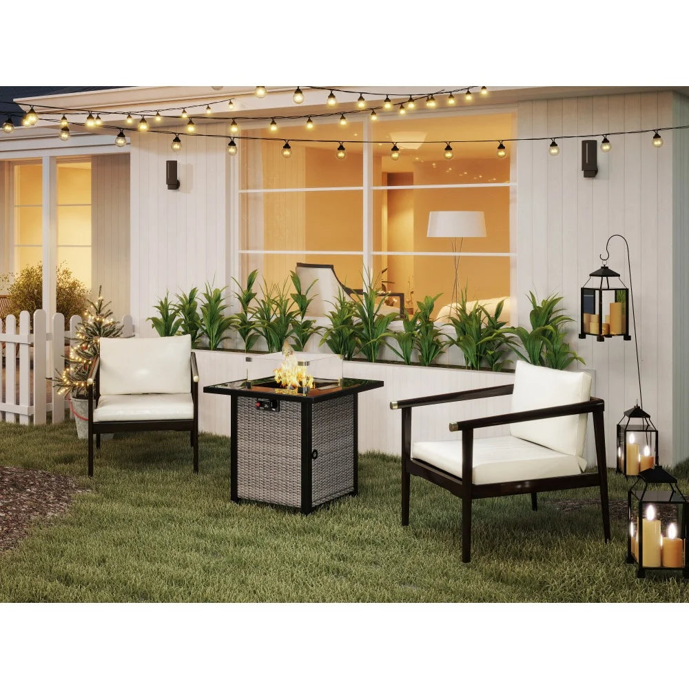 28 Inch Propane Fire Pit Table Rattan Wicker Look 50000 BTU Gas Firepits Tempered Glass Tabletop with Glass Windscreen