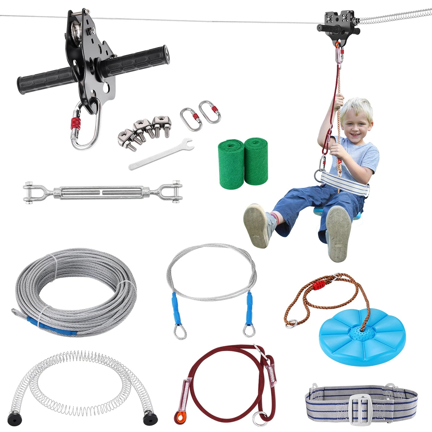 SucceBuy Zipline Kit 60 to 120 Feet Stainless Steel Safety Harness Seat Up to 500 Pounds Backyard Outdoor Playground Entertainment