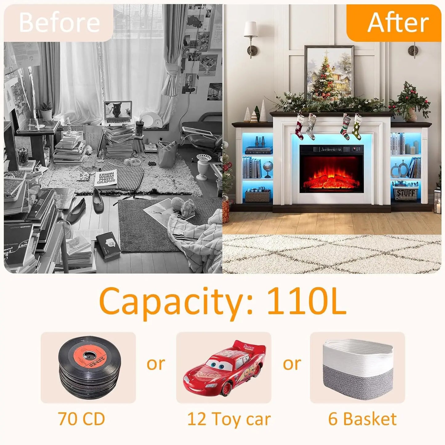 72 Inch LED Lights Electric Fireplace with Mantel Remote Control and Three Dimensional Molding for Living Room