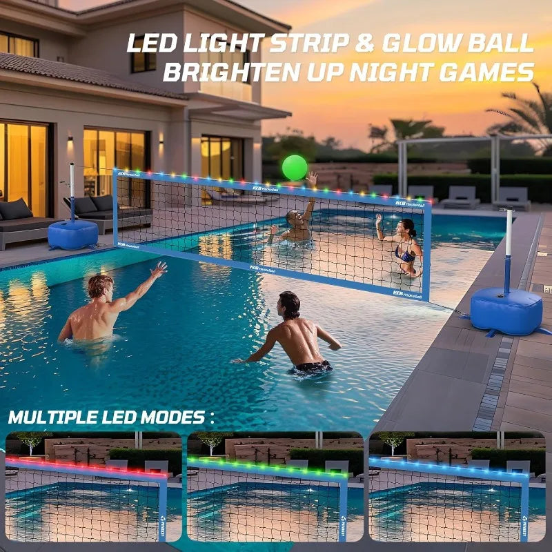 Pool Volleyball Net Set with Adjustable Length and Height LED Lights Two Volleyballs Regular and Glow in The Dark