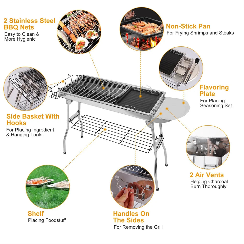 16.7x10x17.7 Inch Portable Charcoal Grill Foldable BBQ Suitcase Grill Shelf for Outdoor Camping Picnics and Garden Grilling