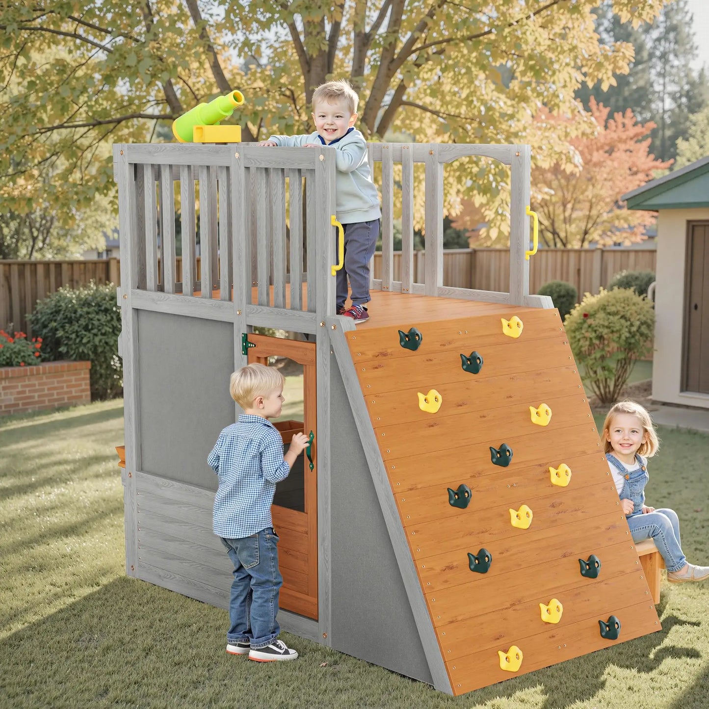 Outdoor Wooden Playhouse for Kids Large Sturdy Design with Lookout Post Climbing Ramp and Telescope Ideal for Ages 3 to 6