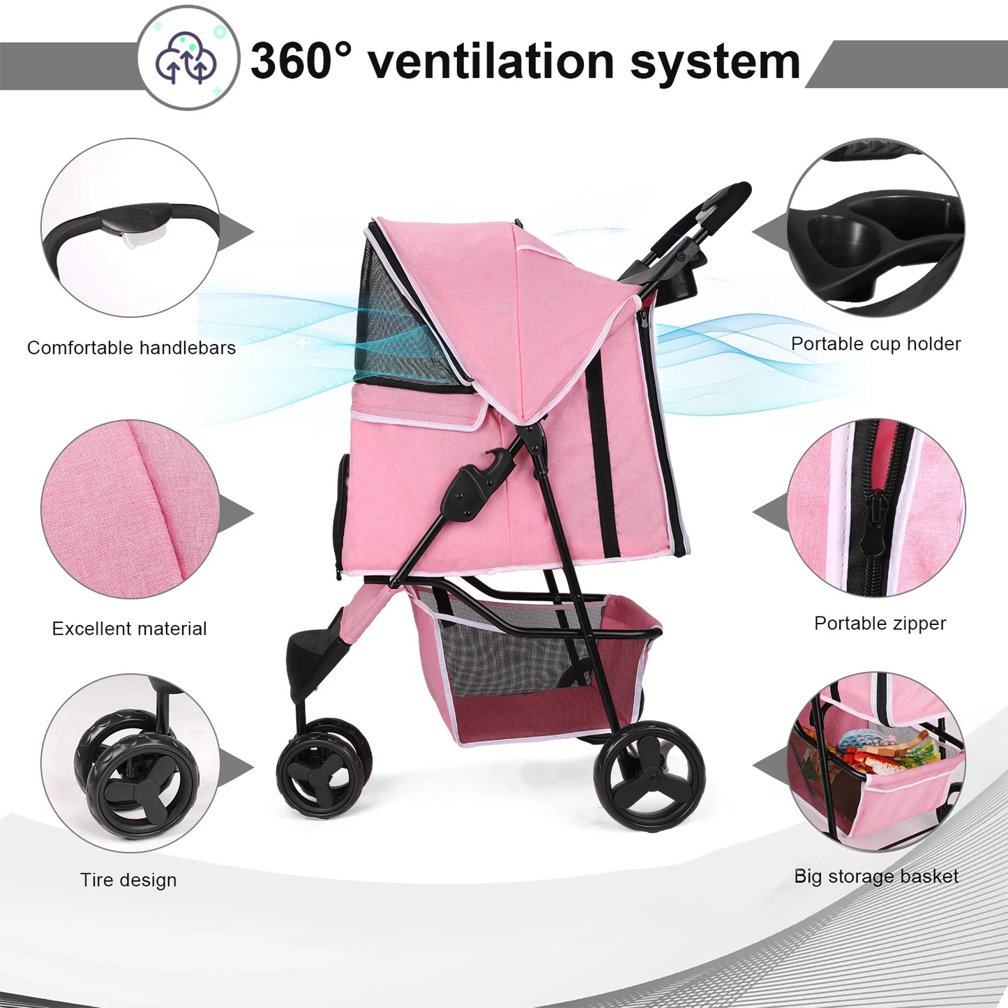 Foldable Pet Stroller With 360 Degree Swivel Wheels Basket