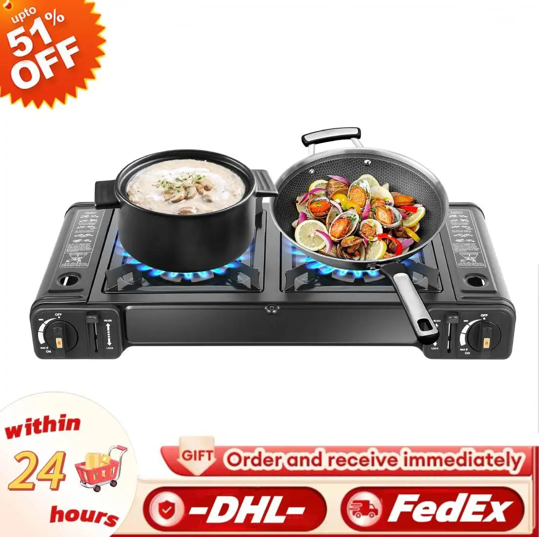 Professional Dual Burner Portable Camping Stove with Grill Tray 1.15kW Burners for Outdoor BBQ and Picnics