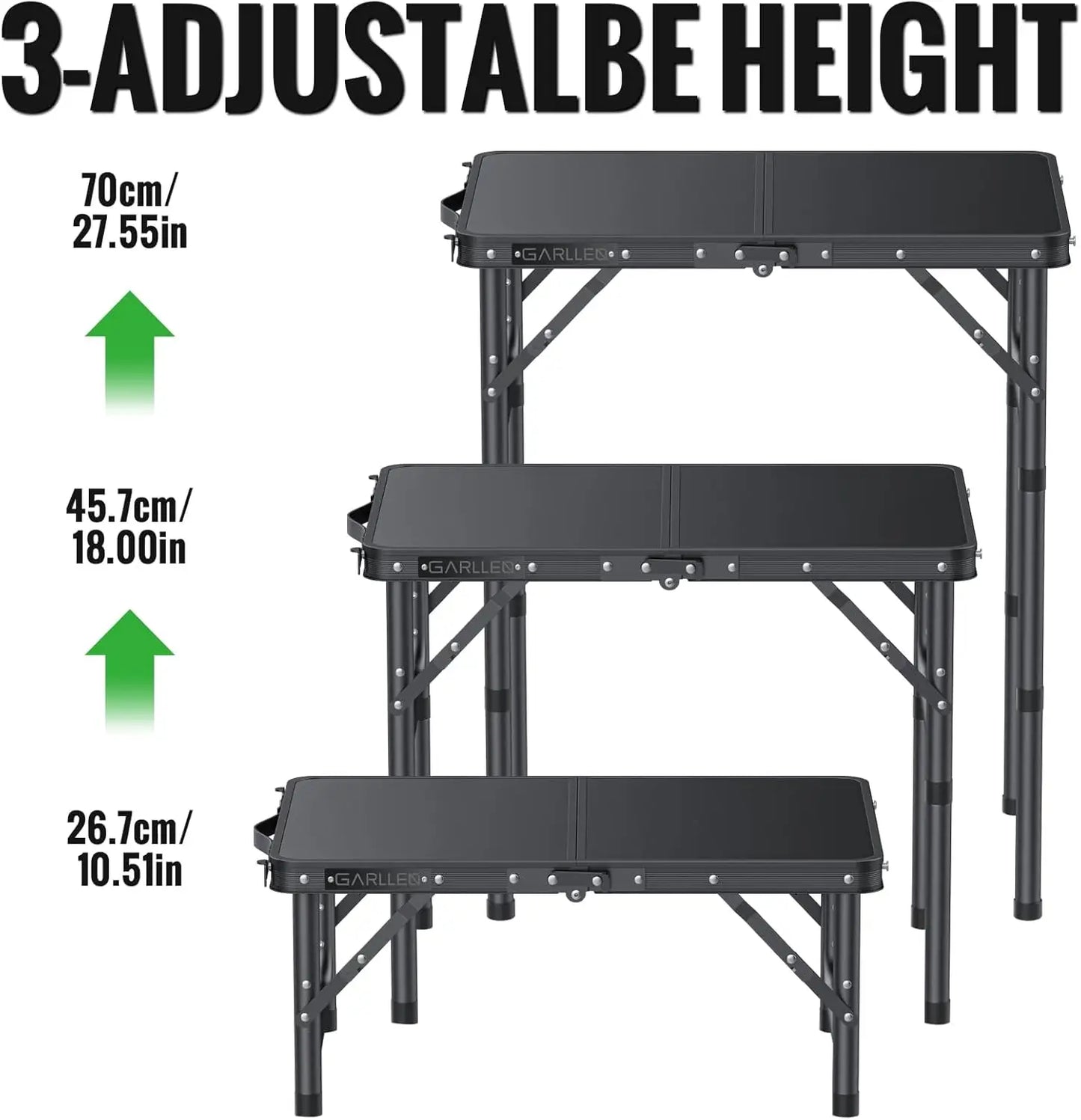 2ft Folding Camping Table 3 Height Adjustable Portable Aluminum Outdoor BBQ Table Black