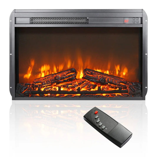 26 Inch Electric Fireplace Insert Ultra Thin Heater With Log Set Realistic Flame Remote Control Timer Overheating Protection