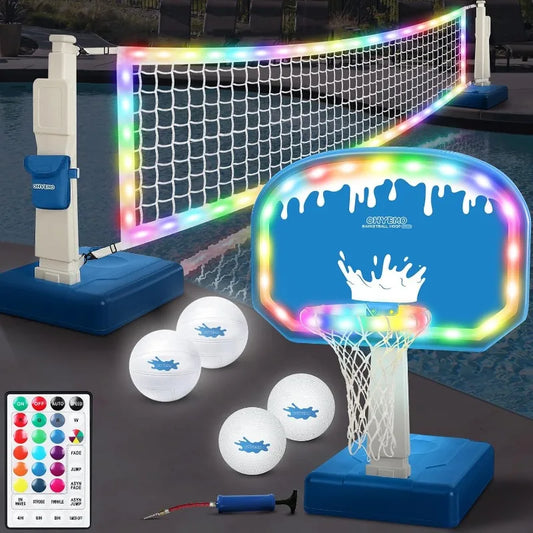 2 in 1 LED Pool Volleyball and Basketball Game Set Light Up Pool Sport Combo Set with 14 Inch LED Rim 4 Glow Balls 2 Base Pump
