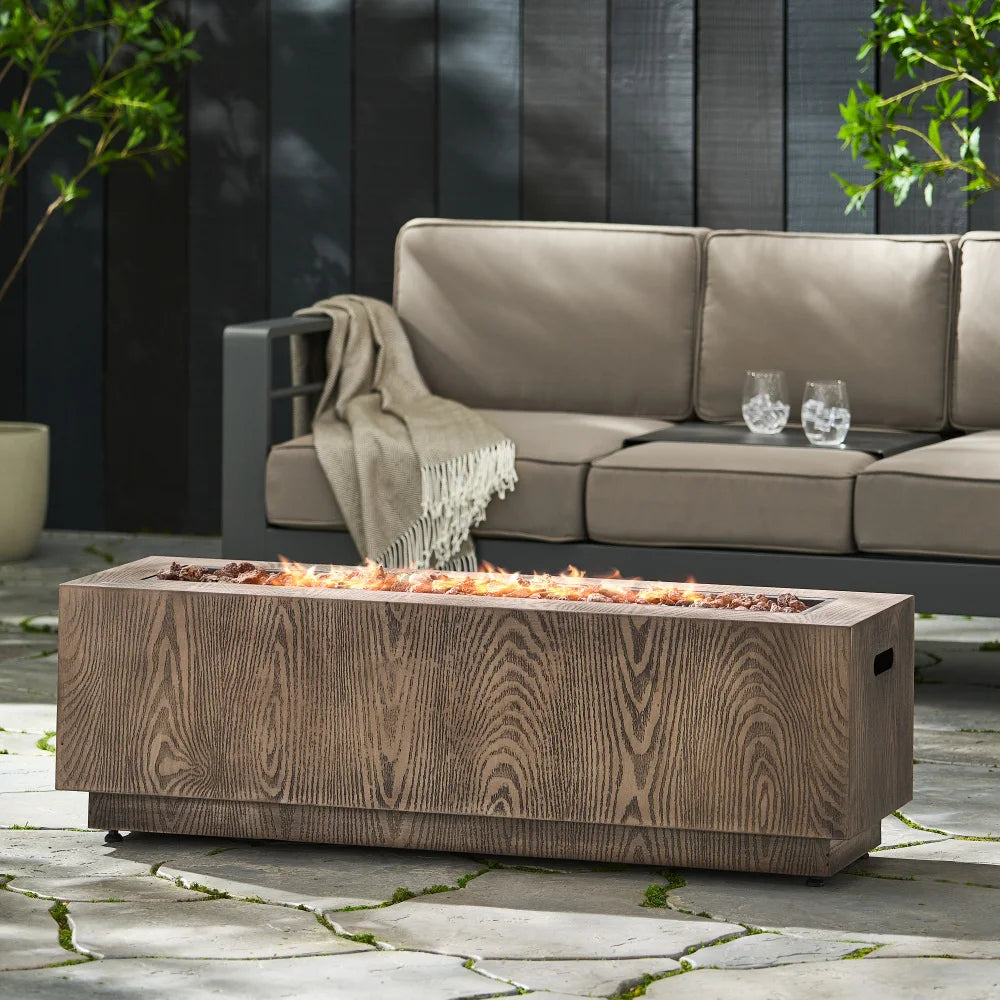 48 Inch Outdoor 50000 BTU Rectangular Iron Propane Fire Pit Brown Wood Pattern