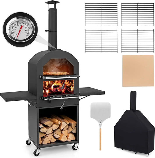 Pizza Oven Outdoor Wood Fired Oven With Two Side Tables Stone Peel Cover Cooking Grids