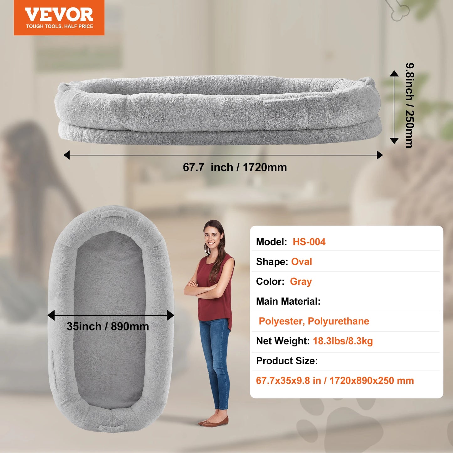 SucceBuy Human Dog Bed Orthopedic Foam Washable Grey