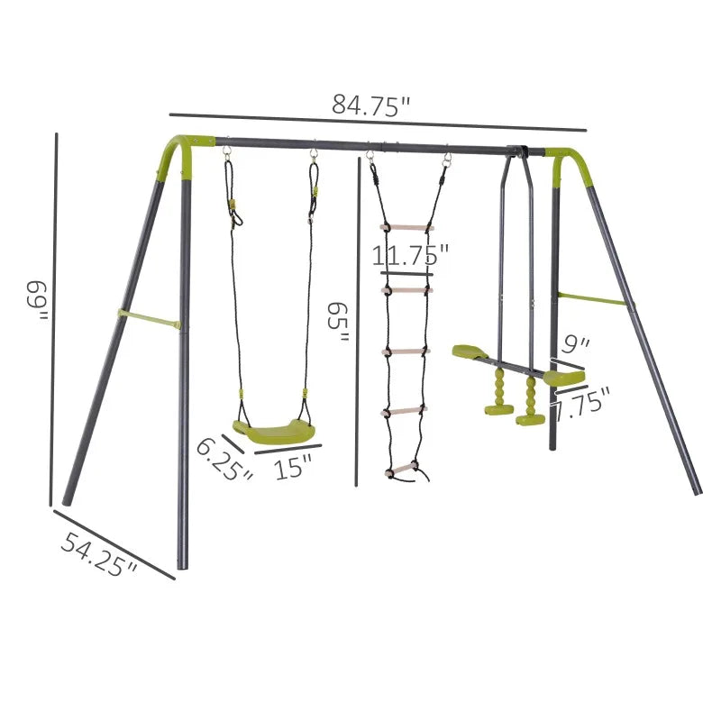 3 In 1 Kids Metal Swing Set For Backyard With Swing Seat Glider And Climbing Ladder Heavy Duty Metal Frame For 4 Children