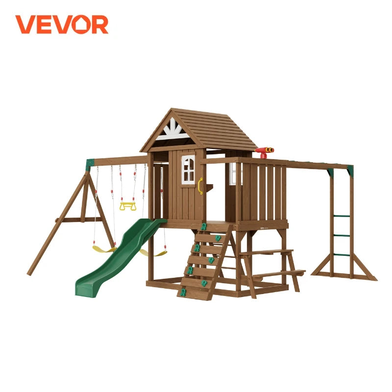 VEVOR Wooden Swing Set 9 in 1 Outdoor Playground Set for Backyards with 2 Swings Trapeze Bar and 6 FT Slide Large Upper Fort