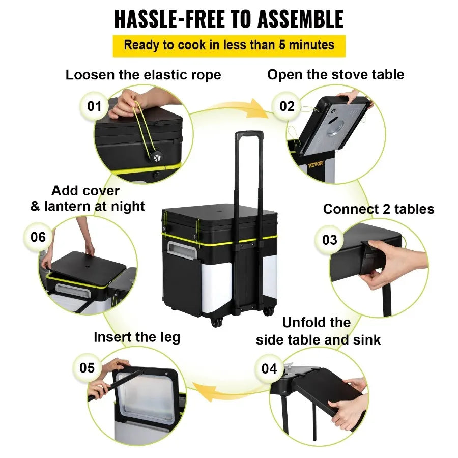 Outdoor Mobile Kitchen Portable Multifunctional Camp Box with Wheels All In One Integrated Cooking Station with Windproof Stove