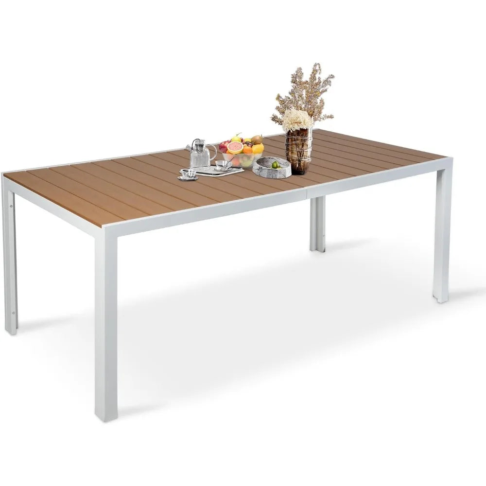 Outdoor Dining Table for 8 Person 71 Inch Aluminum Patio Dining Table with Adjustable Umbrella Hole Slat Rectangle Table Brown and White