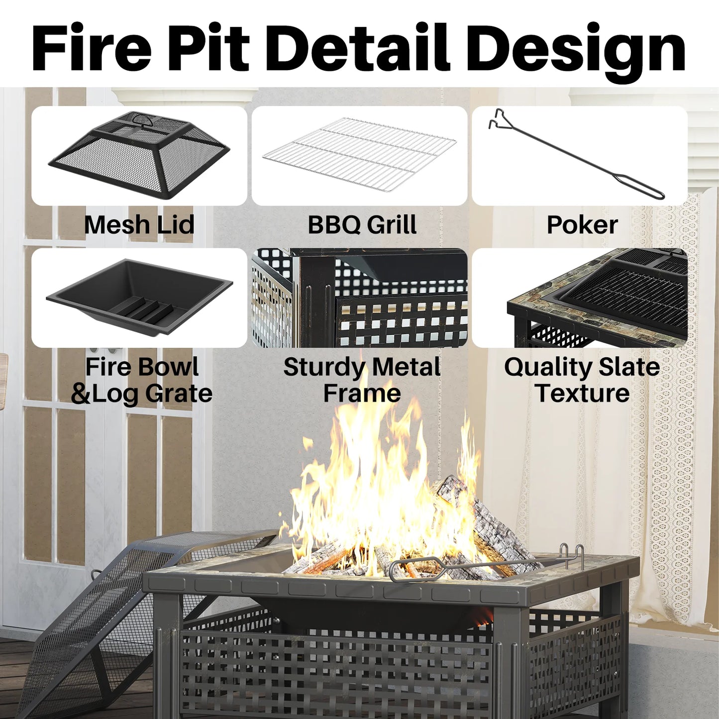 30 Inch Square Outdoor Fire Pit Fireplace Table with Mesh Lid and Fire Poker 3 in 1 Multipurpose Firepits for Yard Garden Patio