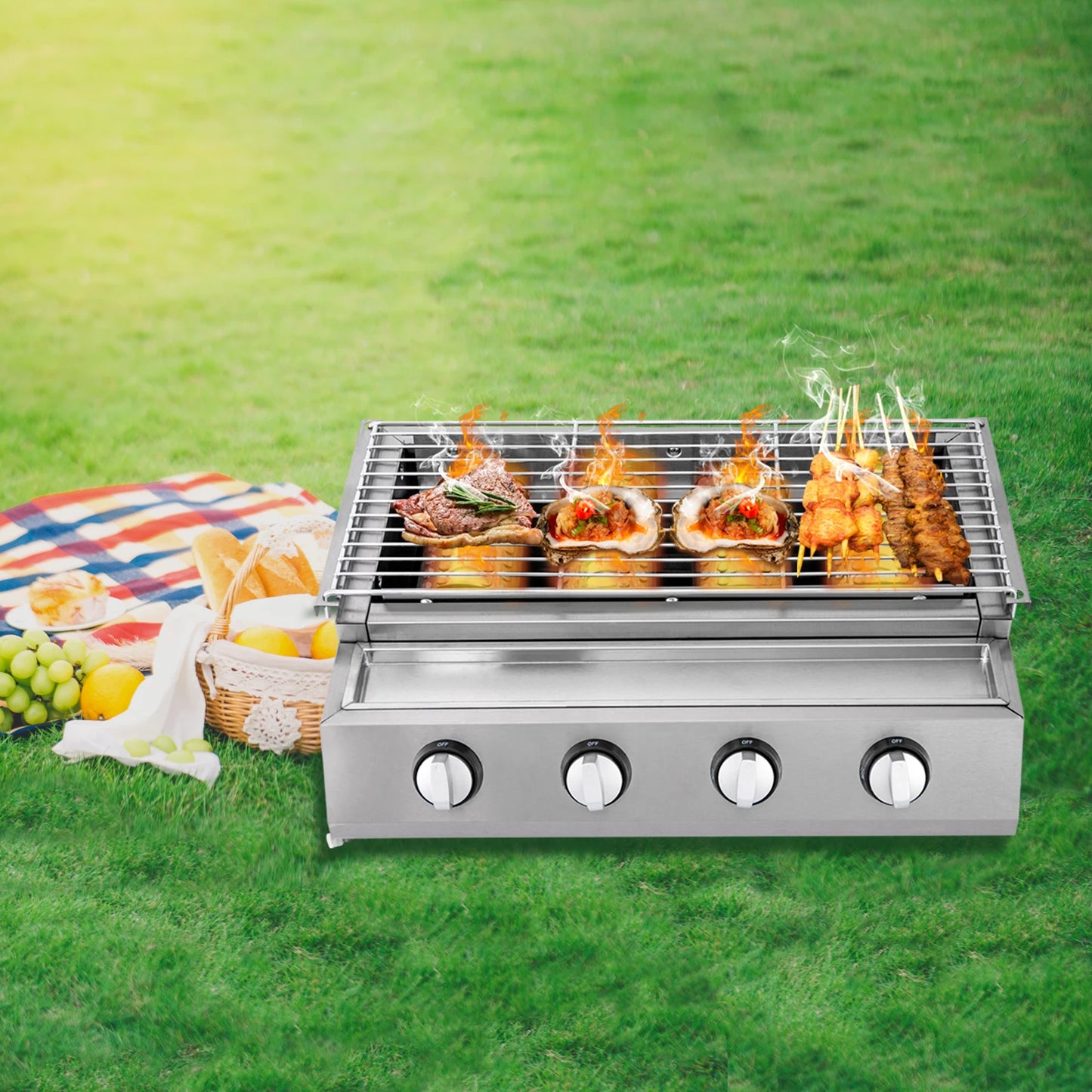 Stainless Steel Smokeless Barbecue Grill 4 Burners LPG Gas Portable Outdoor Patio Garden Grill