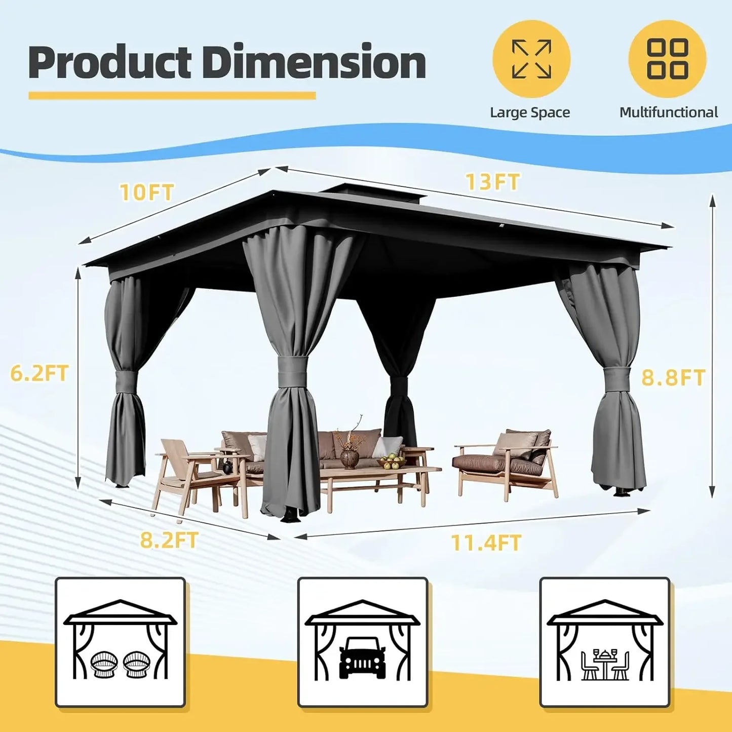 Outdoor 10x13 Grey Gazebo Metal Frame Double Roof Curtains